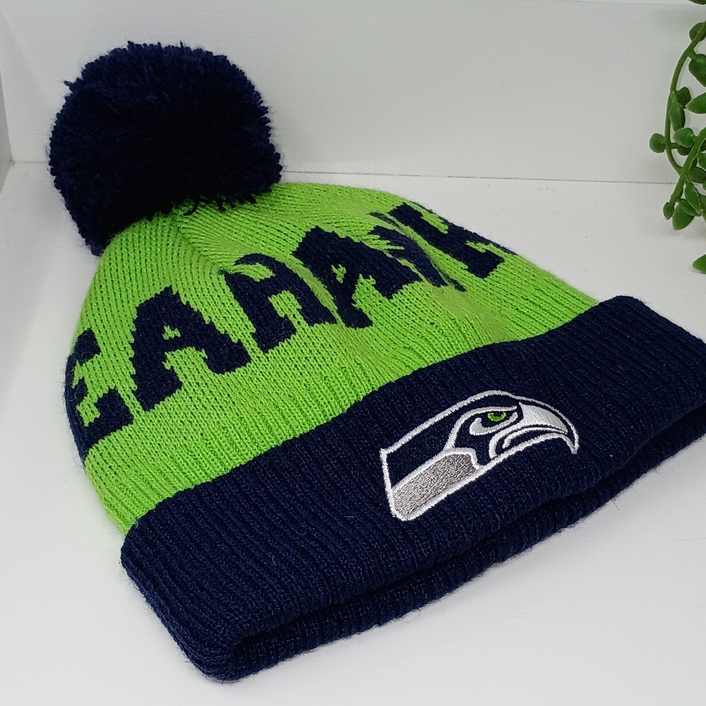Kids Seattle Seahawks Neon Green & Navy Pom Pom Knit Beanie Winter Hat